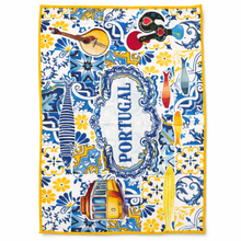 Load image into Gallery viewer, Portugal Azulejo Microfiber Kitchen Towel with Traditional Icons, Blue and Yellow Tile Design
