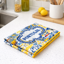 Load image into Gallery viewer, Portugal Azulejo Microfiber Kitchen Towel with Traditional Icons, Blue and Yellow Tile Design
