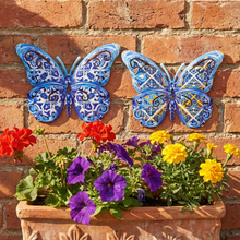 Load image into Gallery viewer, Portuguese Azulejo Metal Butterfly Wall Decor – Blue Tile Design Hanging Accent
