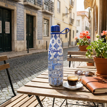 Load image into Gallery viewer, Portuguese Azulejo Stainless Steel Water Bottle – Blue Tile Houses Pattern &amp; Carry Loop
