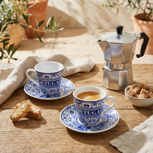 Load image into Gallery viewer, Portuguese Azulejo Espresso Cup &amp; Saucer Set - Blue &amp; White Tile Design, Set of 2 with Gift Box
