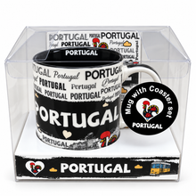 Load image into Gallery viewer, Portugal Ceramic Coffee Mug &amp; Cork-Backed Coaster Gift Set, 10 oz – Black
