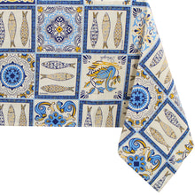 Load image into Gallery viewer, 100% Cotton Tablecloth with Portuguese Blue &amp; Yellow Azulejo Pattern – Decorative Sardine and Floral Designs
