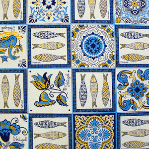 100% Cotton Tablecloth with Portuguese Blue & Yellow Azulejo Pattern – Decorative Sardine and Floral Designs