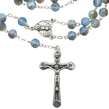 Load image into Gallery viewer, Our Lady of Fatima Rosary – 8mm Iridescent Blue Faceted Crystal Beads with Silver Tone Crucifix and Fatima Medallion
