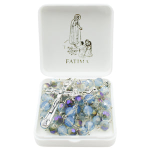 Our Lady of Fatima Rosary – 8mm Iridescent Blue Faceted Crystal Beads with Silver Tone Crucifix and Fatima Medallion