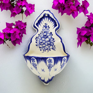 Hand-Painted Portuguese Ceramic Blue Floral White Decorative Wall Water Fountain Holder