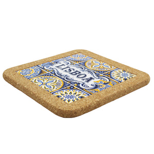 Cork Trivet with Tile Centerpiece - Azulejo Pattern Featuring Lisboa Design