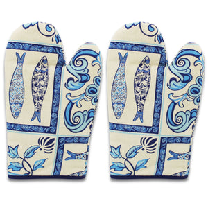 Blue Sardine and Floral Azulejo Pattern Cotton Oven Mitts, Set of 2