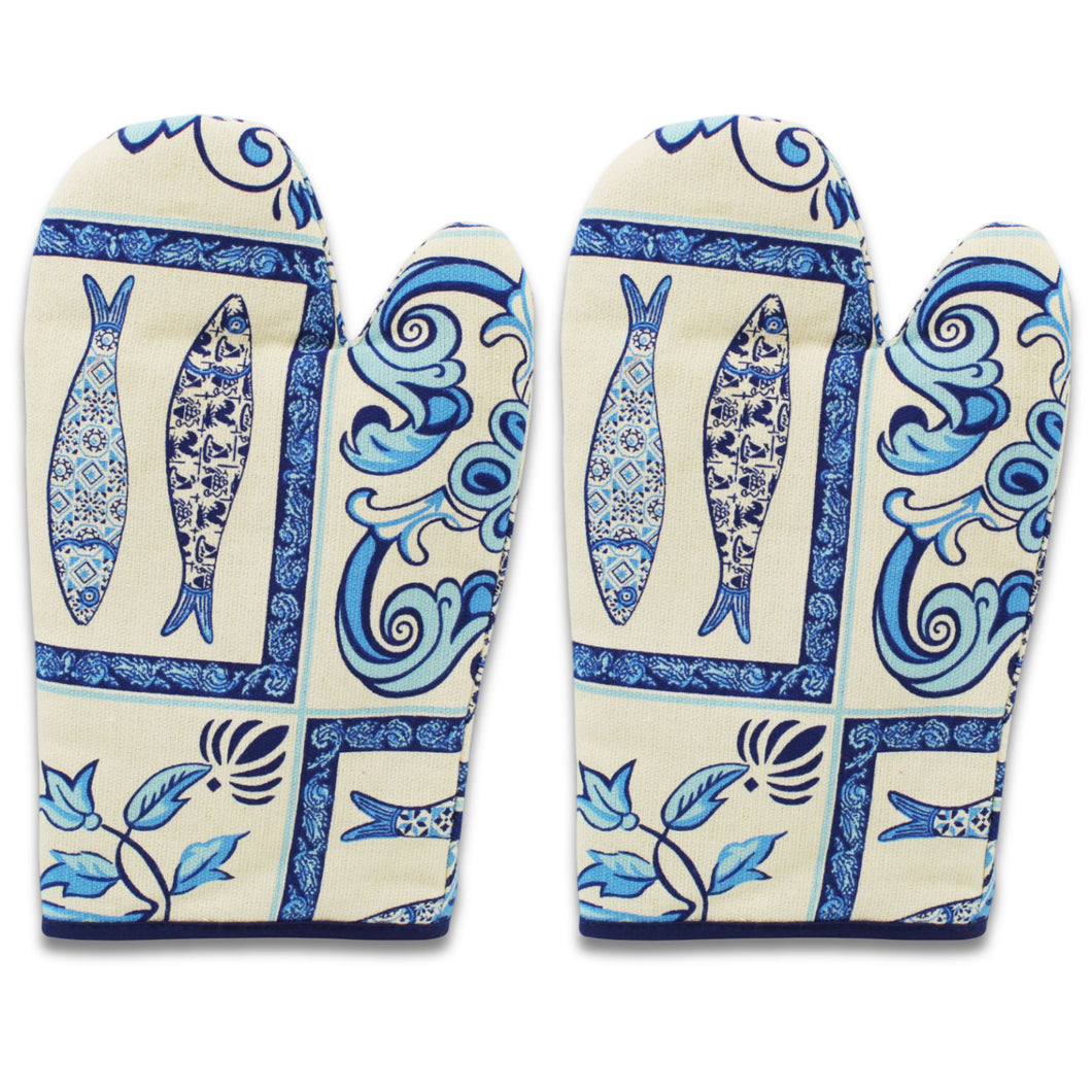 Blue Sardine and Floral Azulejo Pattern Cotton Oven Mitts, Set of 2