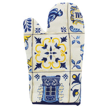 Load image into Gallery viewer, Portuguese Azulejo Inspired Blue and Yellow Cotton Oven Mitts, Set of 2
