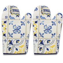 Load image into Gallery viewer, Portuguese Azulejo Inspired Blue and Yellow Cotton Oven Mitts, Set of 2
