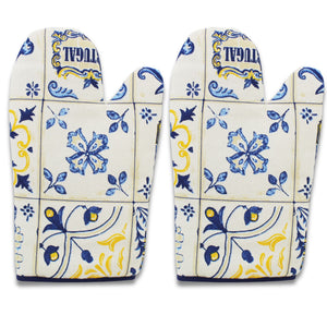 Portuguese Azulejo Inspired Blue and Yellow Cotton Oven Mitts, Set of 2