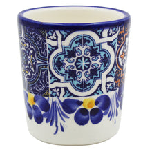 Load image into Gallery viewer, Portuguese Azulejo Ceramic Espresso Cup Set of 2 - Blue Tile Pattern with Floral Hand-Painted Design
