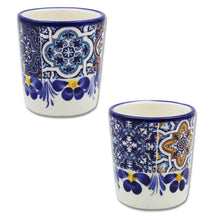 Load image into Gallery viewer, Portuguese Azulejo Ceramic Espresso Cup Set of 2 - Blue Tile Pattern with Floral Hand-Painted Design
