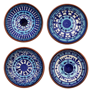 Hand-Painted Portuguese Pottery Clay Terracotta Blue Striped Snack Bowl Set