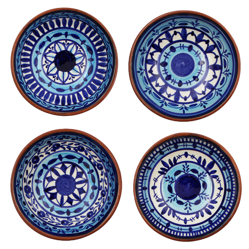 Hand-Painted Portuguese Pottery Clay Terracotta Blue Striped Snack Bowl Set