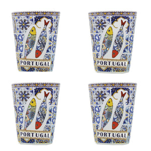Portuguese Azulejo Tile Good Luck Rooster Sardine Themed Shot Glass, Set of 4