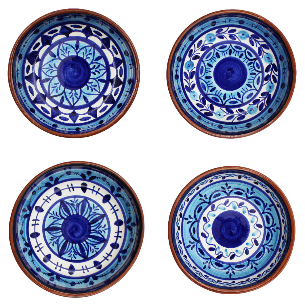 Hand-Painted Portuguese Pottery Clay Terracotta Blue Striped Small Low Bowl Set