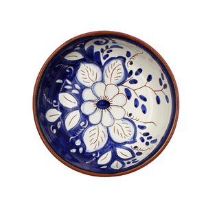 Hand-Painted Portuguese Pottery Clay Terracotta Blue Floral Small Low Bowl Set