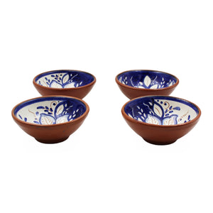 Hand-Painted Portuguese Pottery Clay Terracotta Blue Floral Sauce Bowl Set