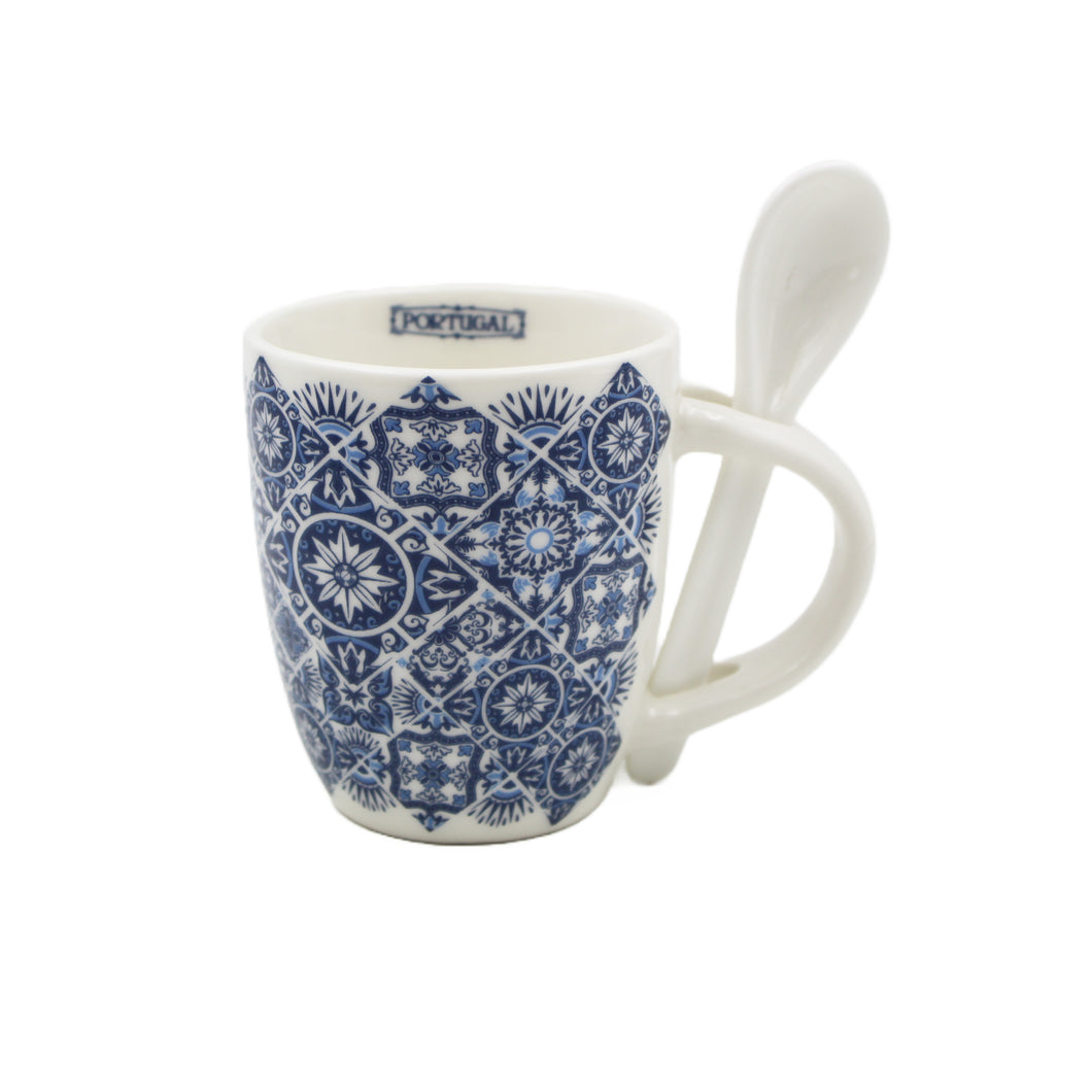 Traditional Azulejo Tile Themed Blue Mini Espresso Cup with Spoon