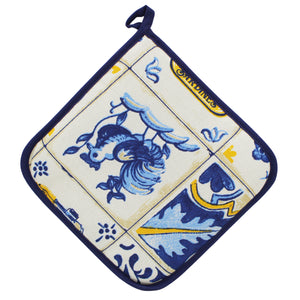 Portuguese Azulejo Inspired Blue and Yellow Cotton Pot Holders, Set of 2