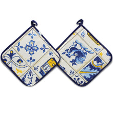 Load image into Gallery viewer, Portuguese Azulejo Inspired Blue and Yellow Cotton Pot Holders, Set of 2
