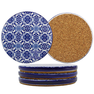 Traditional Blue Tile Azulejo Ceramic Coasters with Cork Bottom, Set of 4