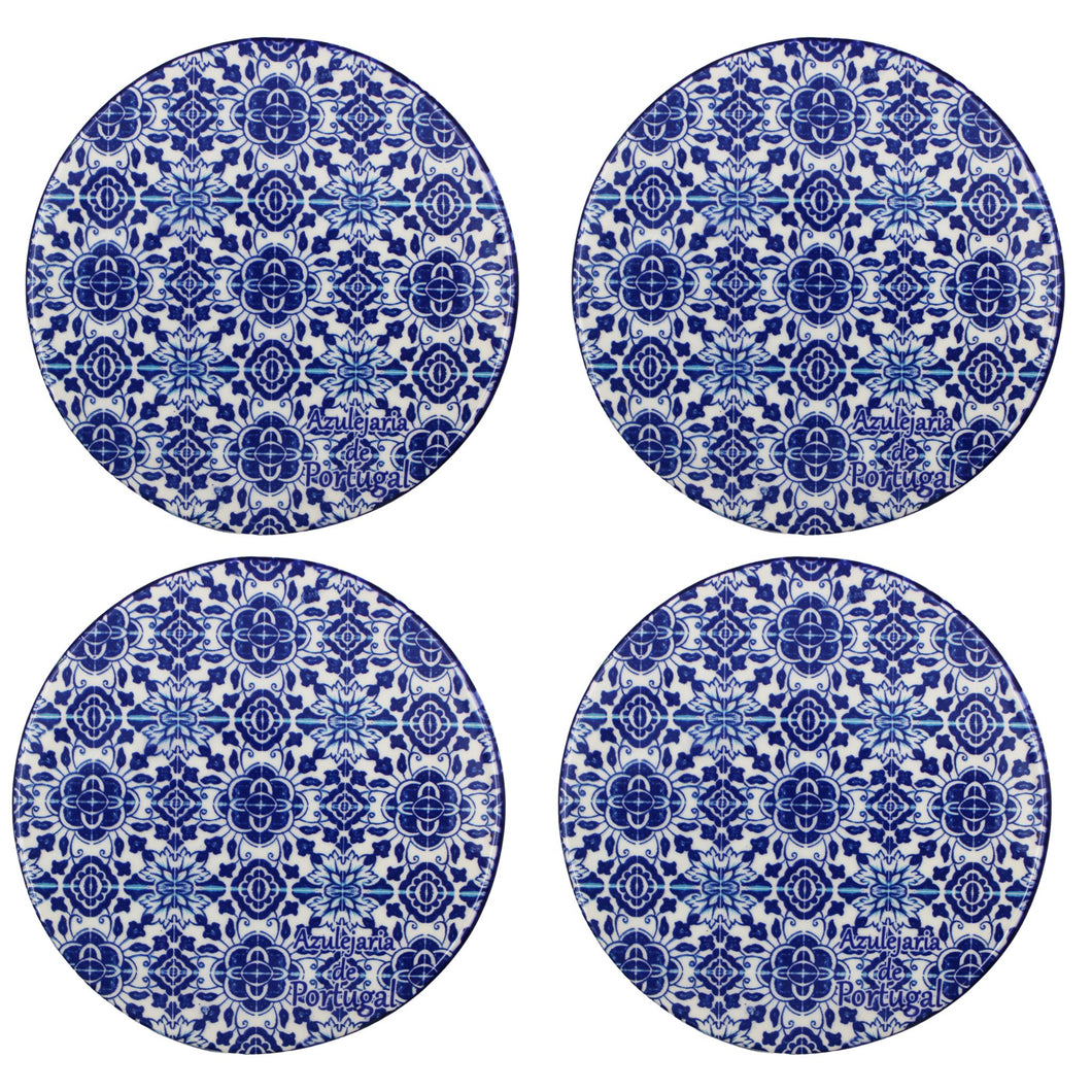 Traditional Blue Tile Azulejo Ceramic Coasters with Cork Bottom, Set of 4