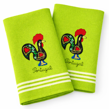 Load image into Gallery viewer, Portuguese Rooster Green Tea Towels – Set of 2, 100% Cotton Kitchen Towels (23.5" x 19.5")
