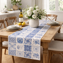 Load image into Gallery viewer, Portuguese Azulejo Tile Table Runner – Blue &amp; Beige Design, Made in Portugal (55" x 17.25")
