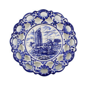 Traditional Portuguese Blue Floral Ceramic Our Lady of Fatima 7.5" Decorative Plate