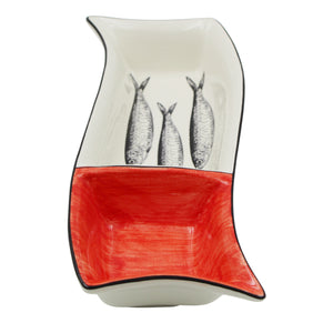 Portuguese Ceramic Divided Serving Dish with Sardine Design and Red Accent