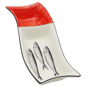 Portuguese Ceramic Divided Serving Dish with Sardine Design and Red Accent