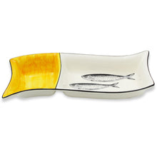 Load image into Gallery viewer, Portuguese Ceramic Divided Serving Dish with Sardine Design and Yellow Accent
