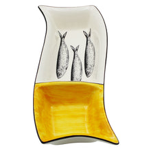 Load image into Gallery viewer, Portuguese Ceramic Divided Serving Dish with Sardine Design and Yellow Accent
