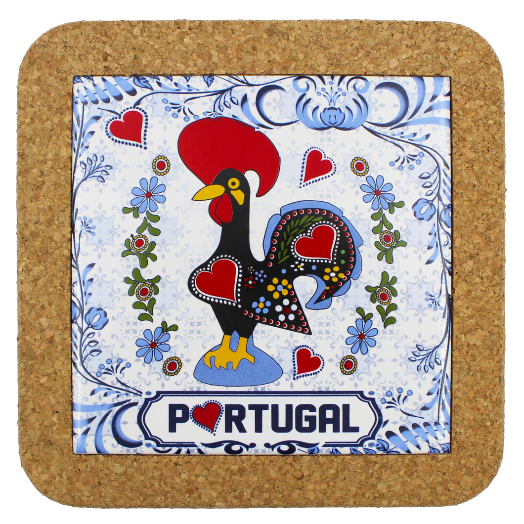 Traditional Portuguese Rooster Galo Barcelos Blue Tile Cork Trivet