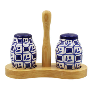 Hand-Painted Portuguese Pottery Clay Terracotta Blue Salt & Pepper Shaker Set