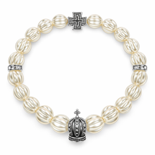 Load image into Gallery viewer, Pearl Crown &amp; Cross Stretch Bracelet - Ribbed Pearl Beads with Silver Crown, Cross &amp; Crystal Spacers
