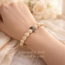 Load image into Gallery viewer, Pearl Crown &amp; Cross Stretch Bracelet - Ribbed Pearl Beads with Silver Crown, Cross &amp; Crystal Spacers
