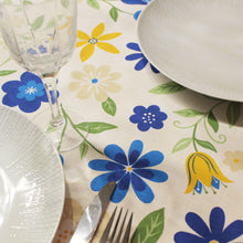 Load image into Gallery viewer, 100% Cotton Tablecloth with Blue, Yellow, and Beige Floral Pattern – Made in Portugal
