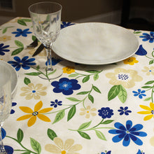 Load image into Gallery viewer, 100% Cotton Tablecloth with Blue, Yellow, and Beige Floral Pattern – Made in Portugal
