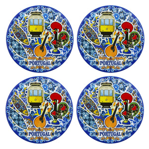 Traditional Blue Tile Azulejo Portugal Icons Themed Ceramic Coasters with Cork Bottom, Set of 4