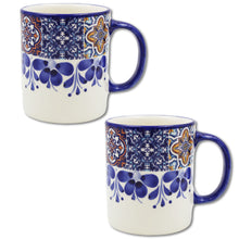 Load image into Gallery viewer, Portuguese Azulejo Ceramic Mug Set of 2 - Blue Tile Pattern with Floral Hand-Painted Design
