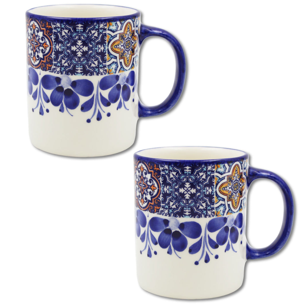 Portuguese Azulejo Ceramic Mug Set of 2 - Blue Tile Pattern with Floral Hand-Painted Design