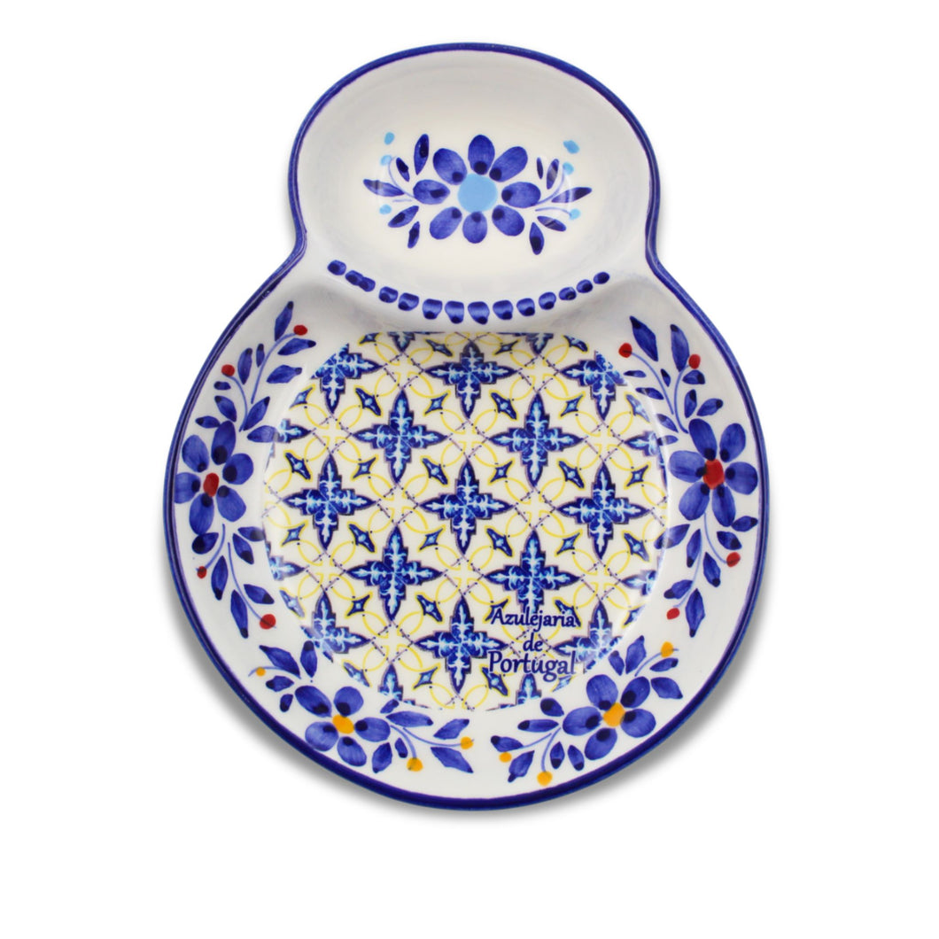 Traditional Tile Azulejo Yellow & Blue Ceramic Olive Dish with Pit Holder, Tomar