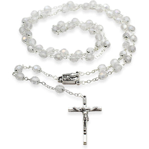 Our Lady of Fatima Rosary – 8mm Clear Faceted Crystal Beads with Silver Tone Crucifix
