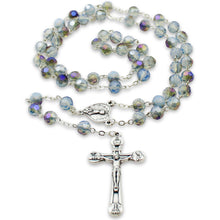 Load image into Gallery viewer, Our Lady of Fatima Rosary – 8mm Iridescent Blue Faceted Crystal Beads with Silver Tone Crucifix and Fatima Medallion
