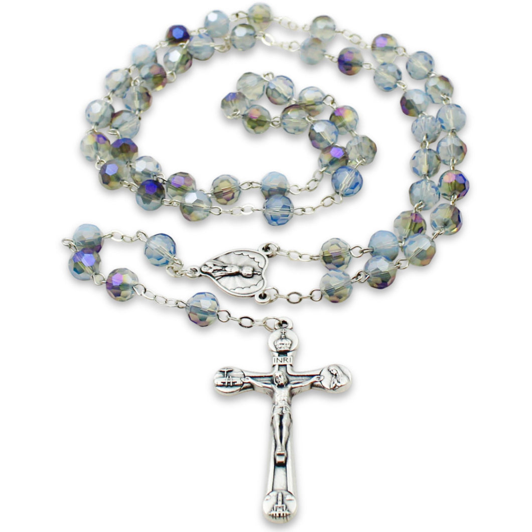 Our Lady of Fatima Rosary – 8mm Iridescent Blue Faceted Crystal Beads with Silver Tone Crucifix and Fatima Medallion